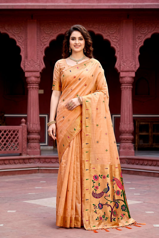 Sangam Prints Peach Cotton Blend Woven Work Traditional Saree