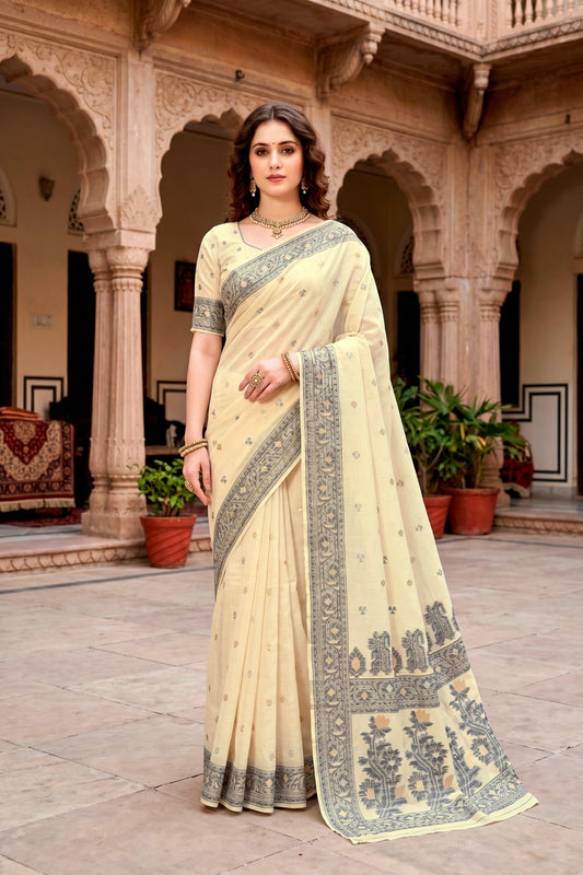 Sangam Prints Light Yellow Cotton Blend Woven Work Traditional Saree
