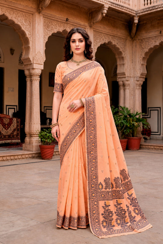 Sangam Prints Peach Cotton Blend Woven Work Traditional Saree