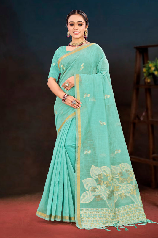 Sangam Prints Aqua Green Cotton Blend Woven Work Traditional Saree