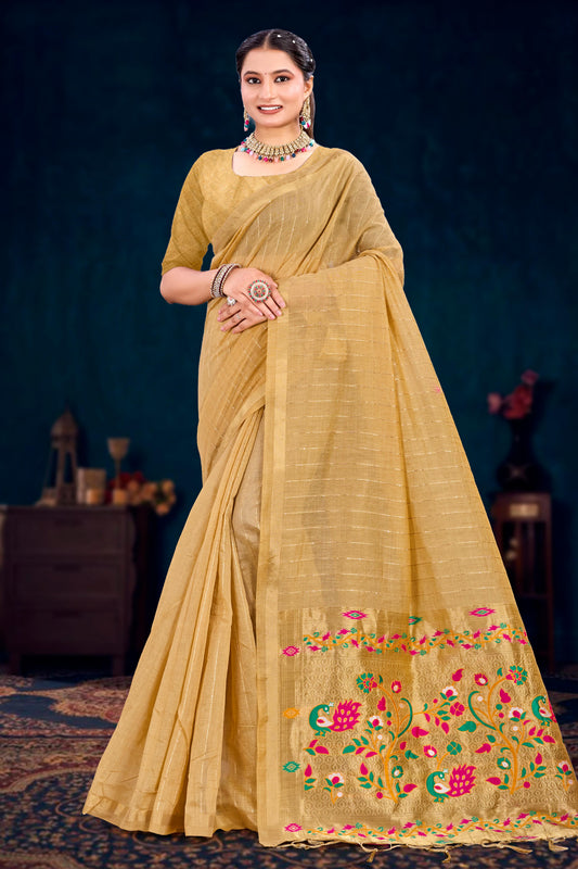 Sangam Prints Beige Gold Cotton Blend Woven Work Traditional Saree