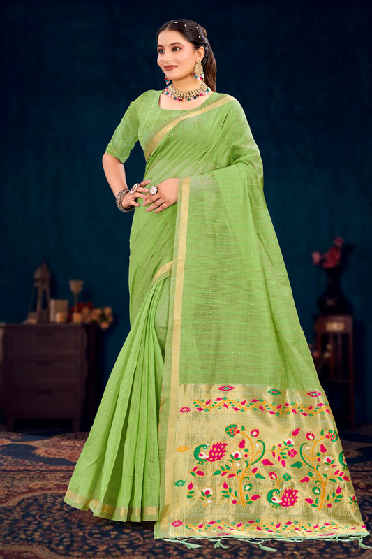 Sangam Prints Parrot Green Cotton Blend Woven Work Traditional Saree
