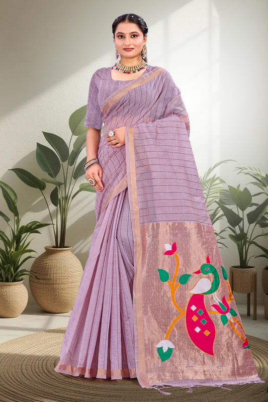 Sangam Prints Dusty Lavender Cotton Blend Woven Work Traditional Saree