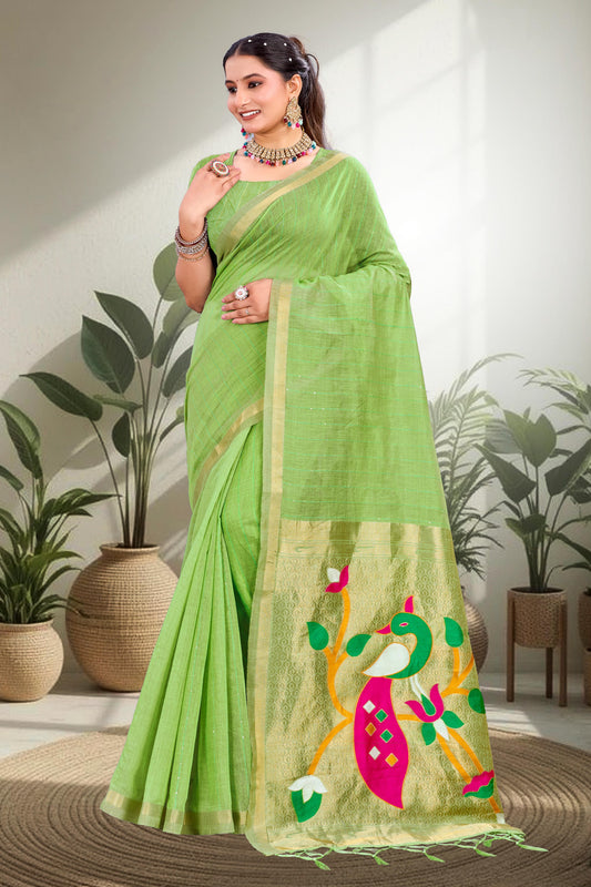 Sangam Prints Parrot Green Cotton Blend Woven Work Traditional Saree