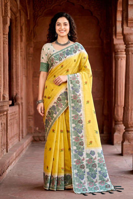 Sangam Prints Haldi Yellow Cotton Blend Woven Work Traditional Saree
