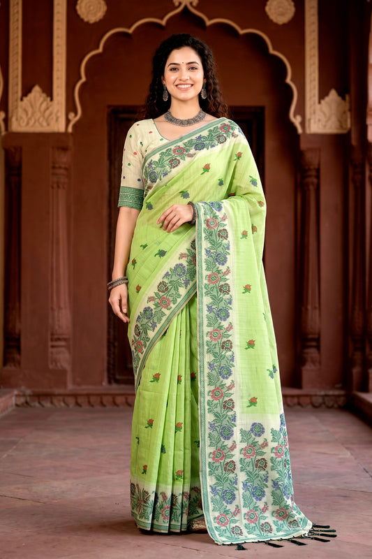 Sangam Prints Pista Green Cotton Blend Woven Work Traditional Saree