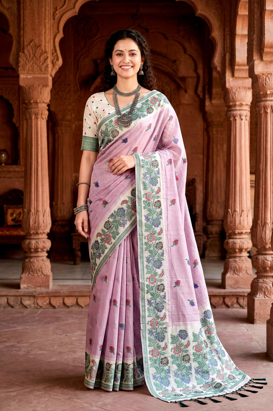 Sangam Prints Lavender Cotton Blend Woven Work Traditional Saree