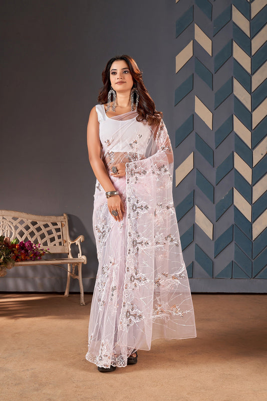 Teeya Creation Baby Pink Color Butterfly Net Heavy Work Saree