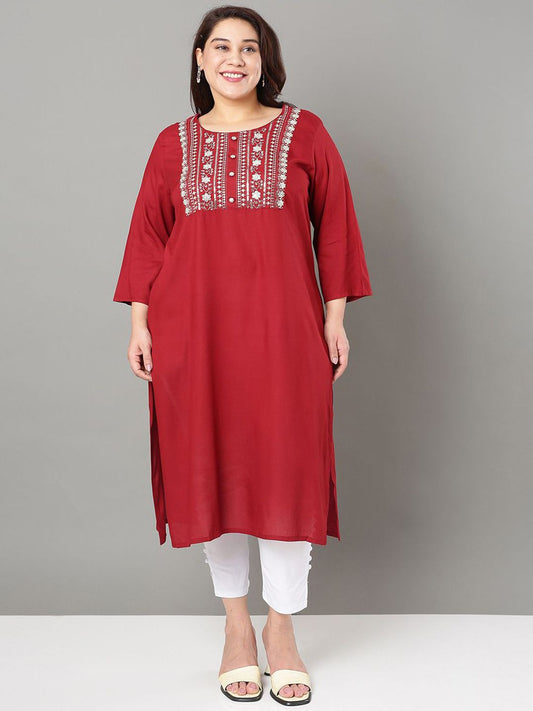 Sztori Plus Size Floral Yoke Design Mirror Work Straight Kurta