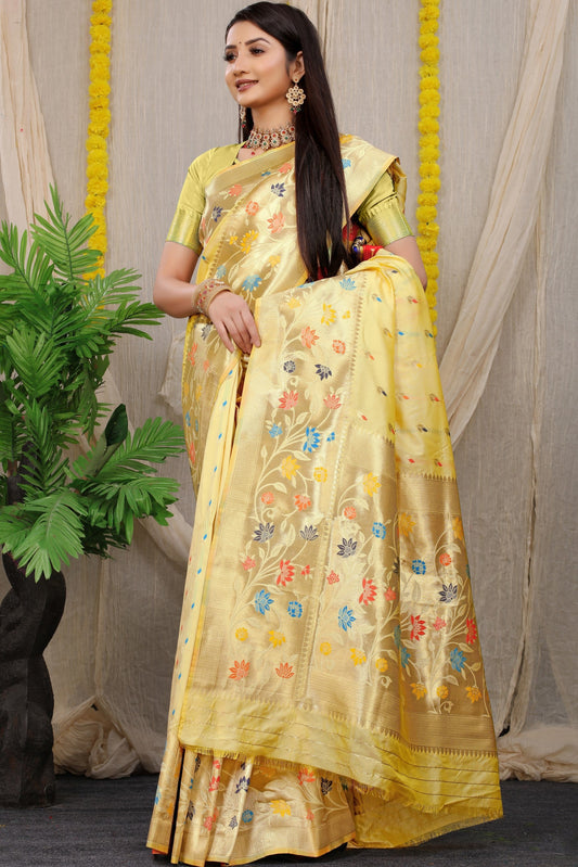 Anaita Cream Woven Design Pure Silk Banarasi Saree With Blouse