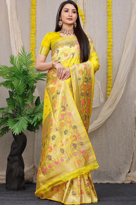 Anaita Yellow Woven Design Pure Silk Banarasi Saree With Blouse