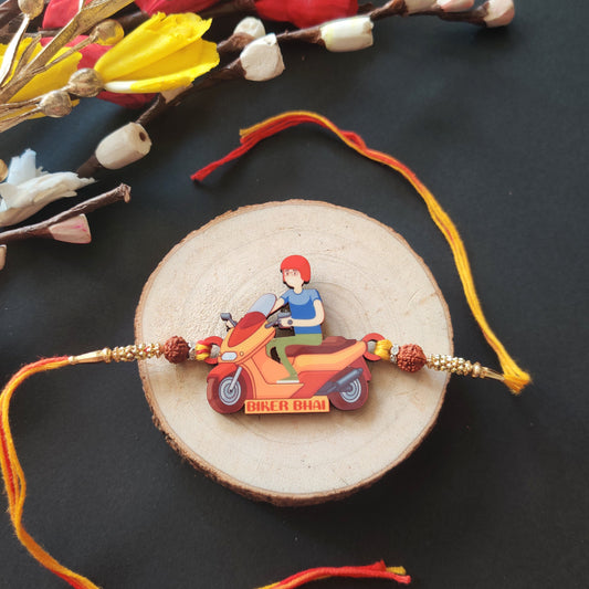 Indianvibez Biker Bhai Wooden Rakhi with Rudraksha, Motorcycle Rakhi for Bro, Shop India - Kids Rakhi | Grab2Buy