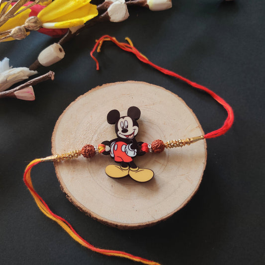 Indianvibez Mickey Wooden Rakhi with Rudraksha, Cartoon Rakhi for Brother, Shop India - Kids Rakhi | Grab2Buy