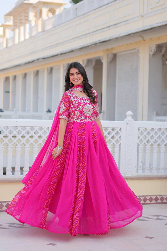 Lehenga Mart Designer Georgette Bandhej Gown & Dupatta