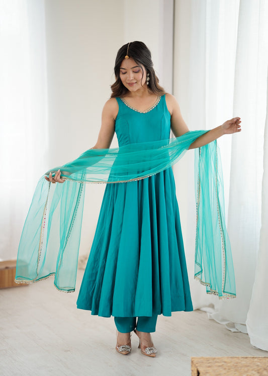 Lorenvalley Fashion Rama Pure Roman Silk Chanderi Fabric Yoke Fancy Lace Work Anarkali Kurta Pant With Dupatta Set