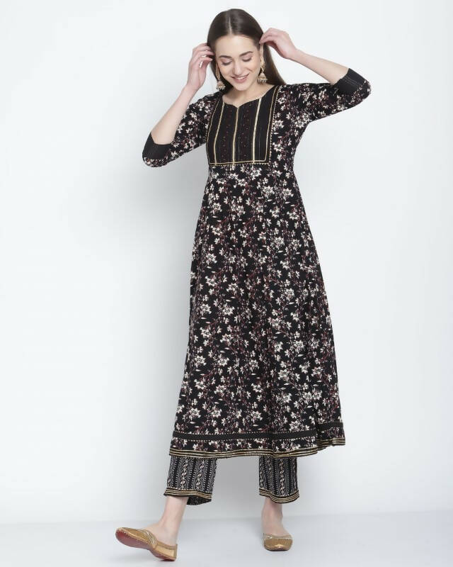 Aastha Fashion Women's Black Cotton Jaipuri Printed Kurta with Trouser & Dupatta - Grab2buy