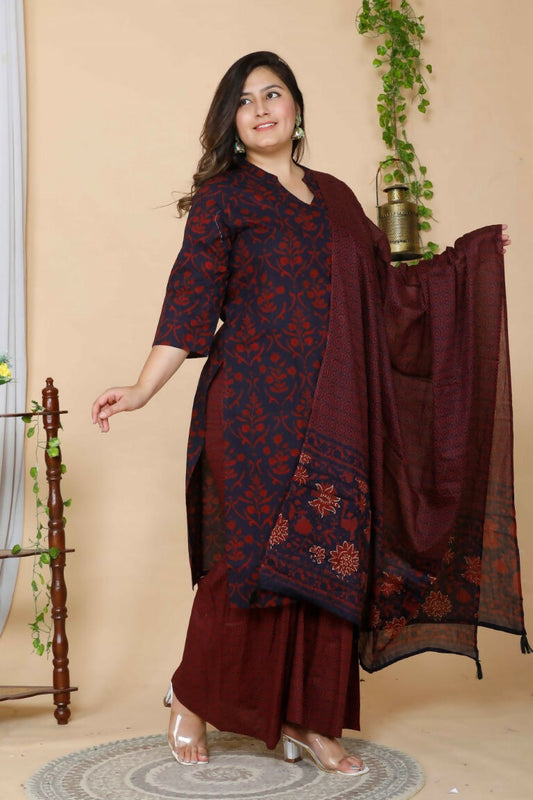 Miravan Women's Maroon Plus Size Floral Pure Cotton Kurta With Sharara And Dupatta Set