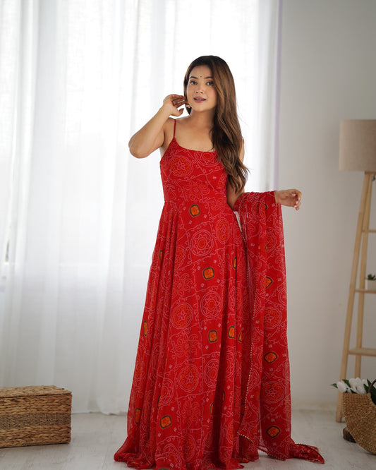 Lorenvalley Fashion Red Soft Chiffon Bandhej Fabric Print Fully Flair Anarkali With Pant Dupatta Set