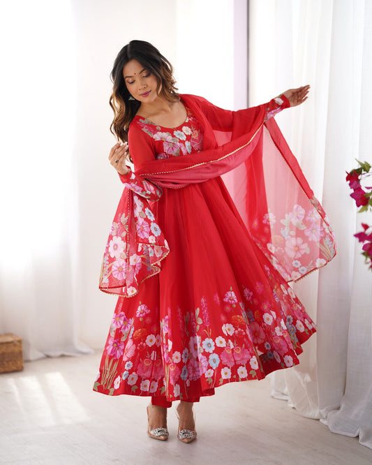 Lorenvalley Fashion Red Soft Organza Silk With Floral Print Fully Flared Anarkali Pant With Dupatta Set
