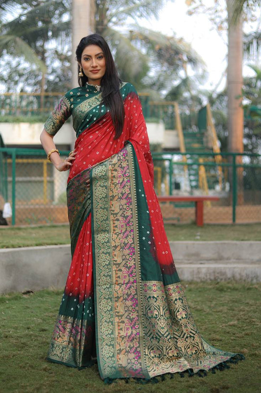 Anaita Red Woven Design Pure Bandhej Kanjivaram Soft Silk Saree