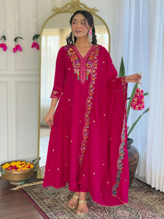 The52 Rani Women's Beautiful Embroidered Work Vichitra Silk Fabric Straight Kurta Pant and Dupatta Set | Grab2Buy