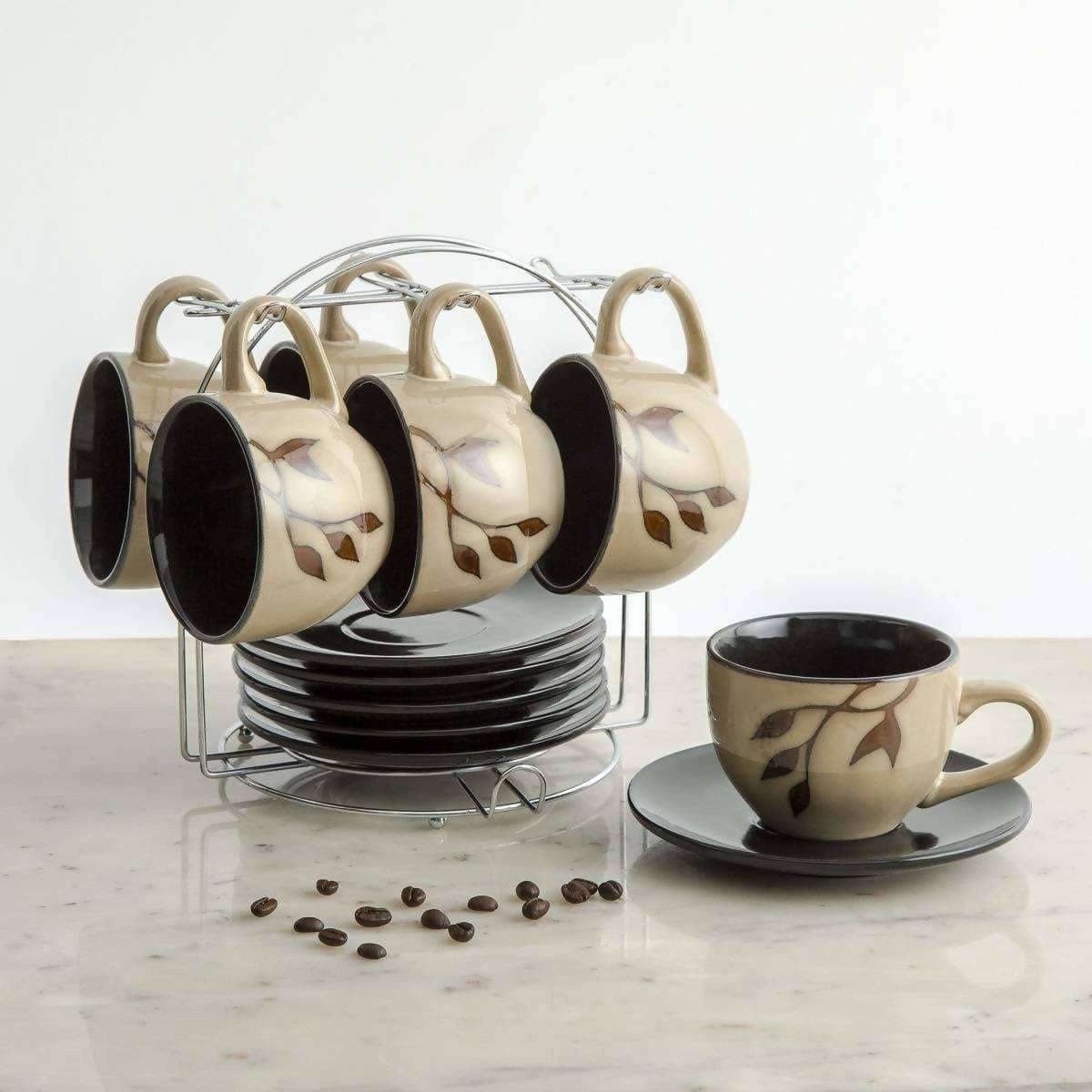 Home Centre Caraway Cup and Saucer- Set of 13 Pcs - 220 ml - Brown - Grab2buy