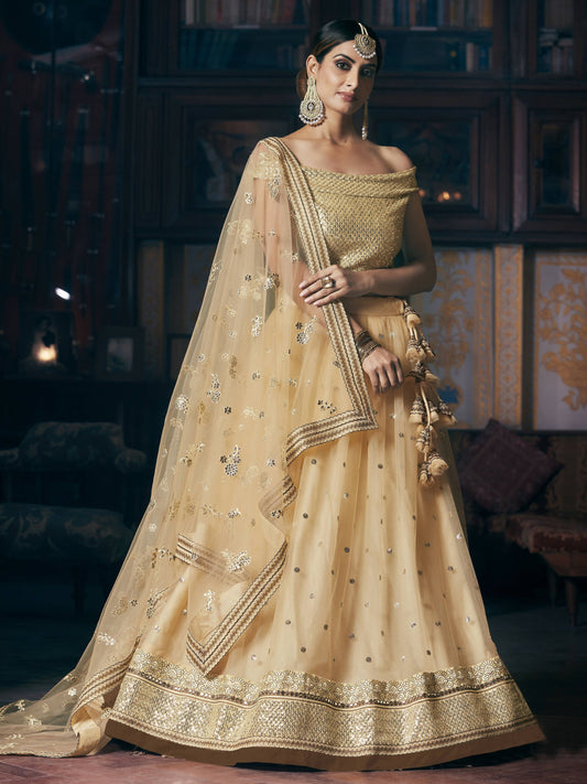 Wedding Designer Sequene Zari Resham Embroidery Cream Net Lahengha Choli - Anbazaar Grab2Buy Anbazaar Grab2Buy