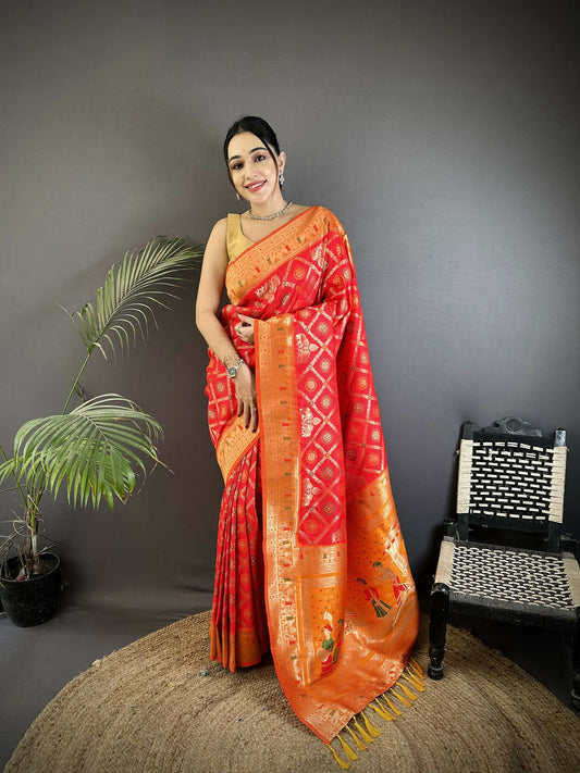 Joban Fashion Red Geometric Pattern Soft Silk Patola Saree