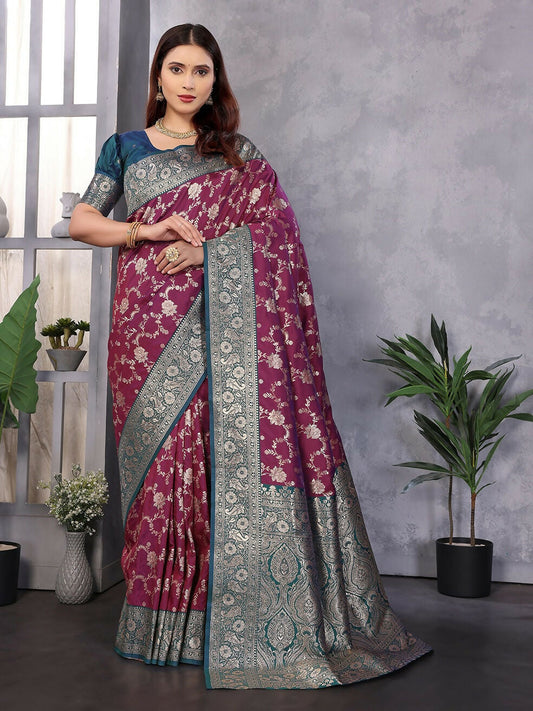 Joban Fashion Banarasi Magenta Woven Soft Silk Saree | Swadesiicart