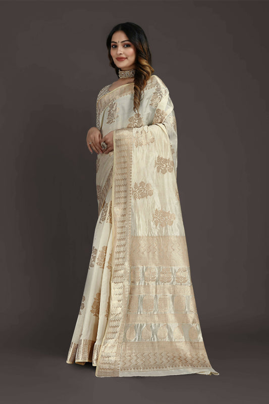 Off White Pure Raw Silk Zari Woven Saree with Unstitched Blouse Piece - Alisha