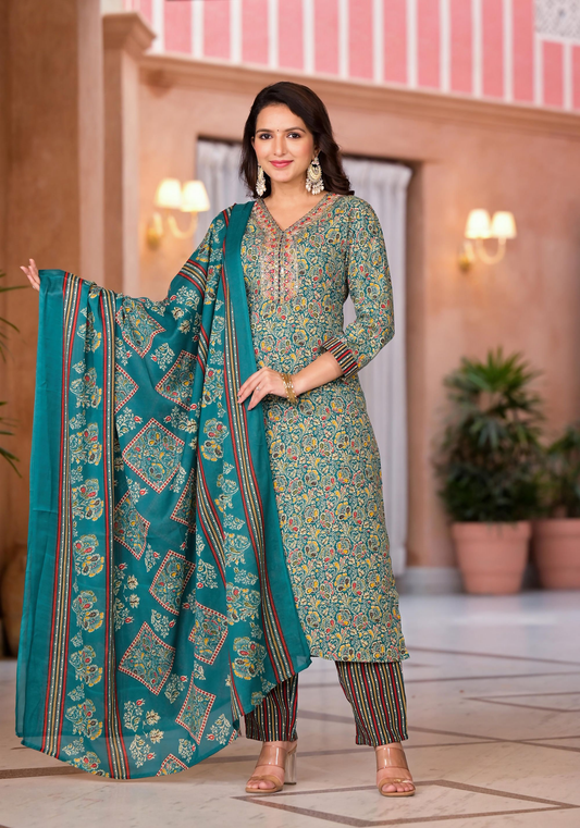 Juniper Women's Rama Green Cotton Ethnic Motif Printed Kurta Set With Sequins & Thread Work