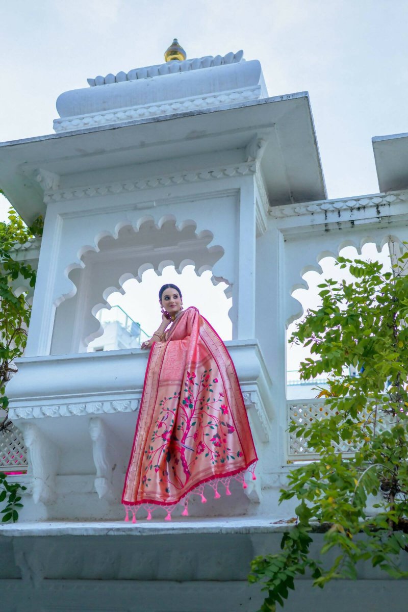 Aastha Fashion Peach Woven Kanjivaram Silk Saree with Blouse - Grab2buy