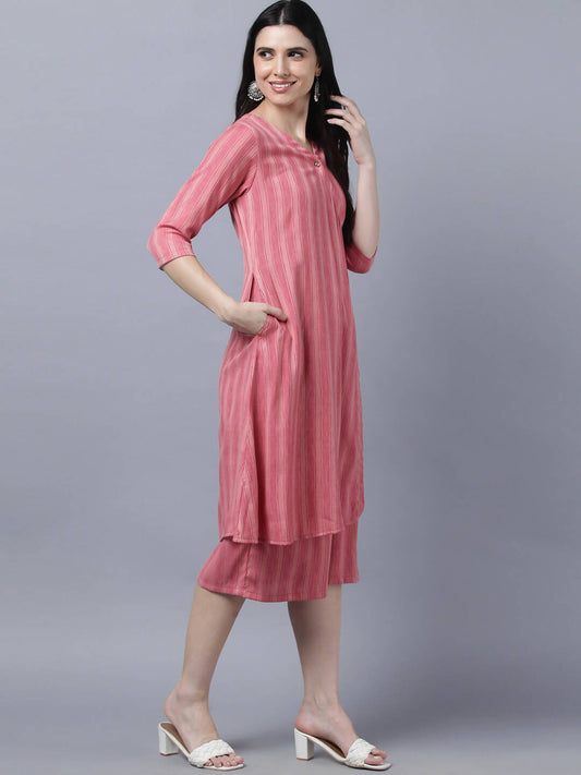 Myshka Stylish Pink Cotton 3/4 Sleeve Women's Kurta Palazzo Set