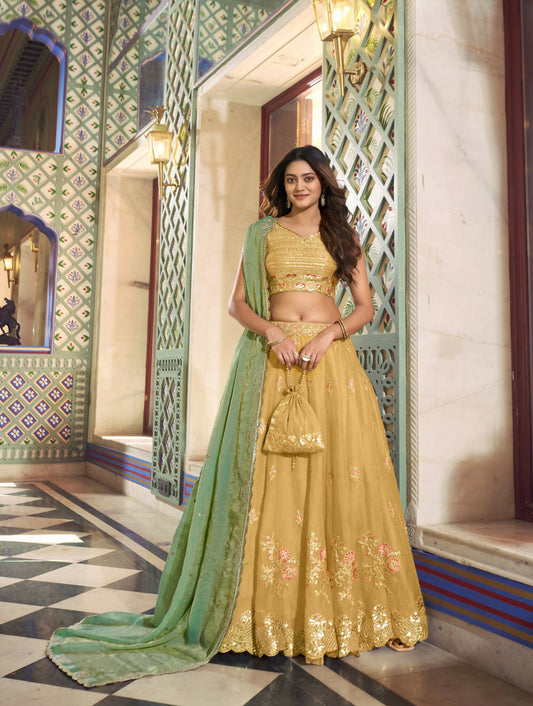 Lorenvalley Fashion Yellow NC Moss Silk Sequins and Thread Embroidery Work Lehenga Choli with Dupatta