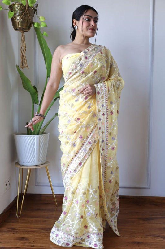 Teeya Creation Lemon Yellow Color Butterfly Net Heavy Embroidery Work Saree