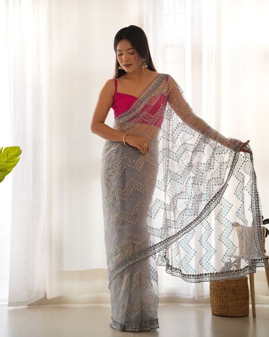 Teeya Creation Grey Color Butterfly Net Heavy Work Saree