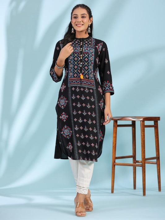 Juniper Black Ethnic Motif Printed Rayon Calf Length Straight Kurta With Kaudis Kantha Work & Sequins