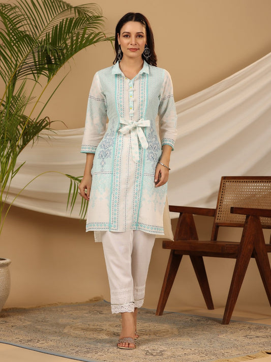 Juniper Women's The Dhara Tie-Up Sky Blue Geometric Printed Cotton Fusion Kurta With Contest 3D Beadwork & Tassels