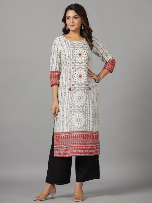 Juniper Women's White Ethnic Motif Printed Rayon Slub Kurta With Beads & Sequins | Grab2Buy
