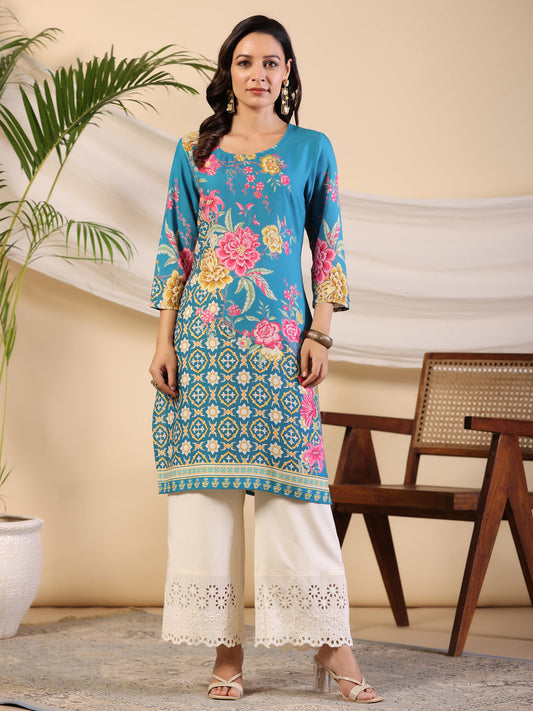 Juniper Women's Blue Rayon Floral Printed Straight Kurta | Grab2Buy
