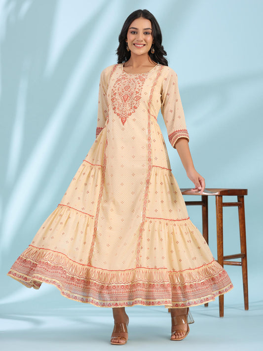 Juniper Women's Festive Ivory Ethnic Motif Printed Tiered Dress With Sequins & Beadwork