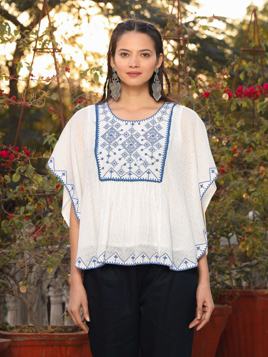 Juniper Women White Viscose Dobby Embroidered Tunic