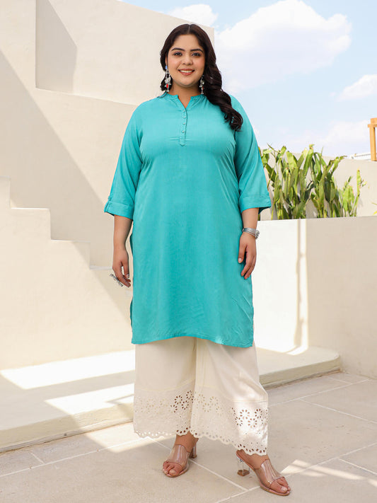 Juniper Women's Teal Modal Rayon Slub Plus Size Kurta