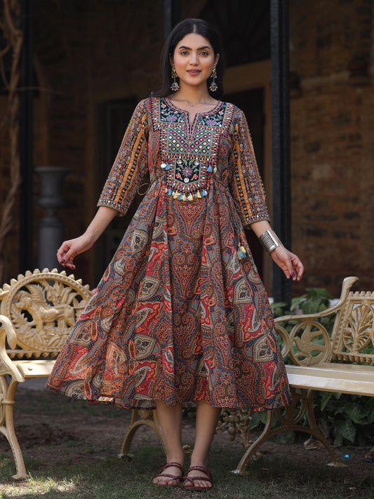 Juniper Women's Multi Colored Cotton Ethnic Motif Printed Maxi Dress with Embroidered Yoke