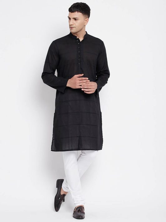 Even Apparels Pure Cotton Men's Kurta in Black Color With Band Collar