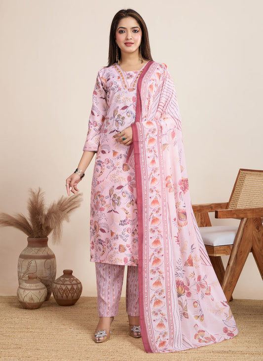 Prazu Fashion Baby Pink Printed Cotton Blend Festival Wear Salwar Suit