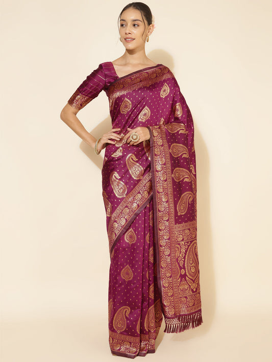 Janasya Wine Banarasi Silk Woven Ethnic Motifs Banarasi Silk Grab2Buy