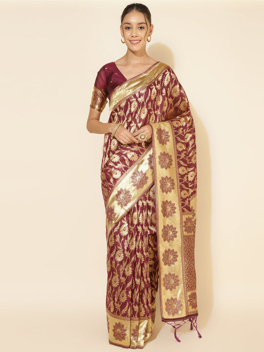 Janasya Wine Chanderi Silk Woven Paisley Chanderi Silk Grab2Buy