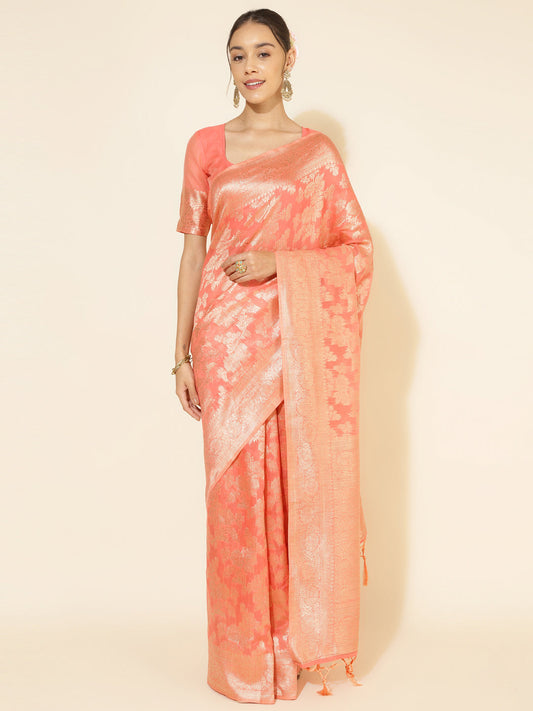 Janasya Peach Chanderi Silk Floral Woven Design Grab2Buy