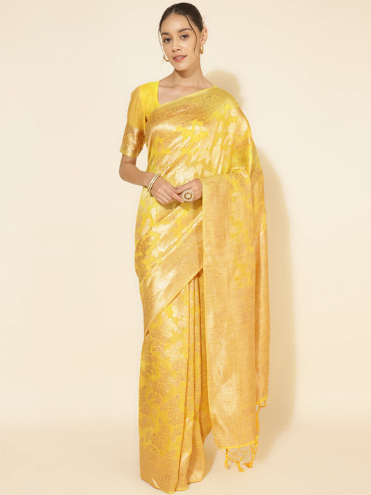 Janasya Yellow Chanderi Silk Floral Woven Design Grab2Buy